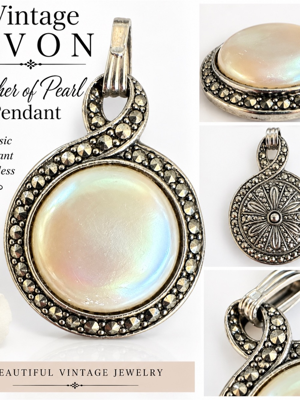 Vintage Avon Reversible Mother of Pearl Marcasite Silver Tone Pendant